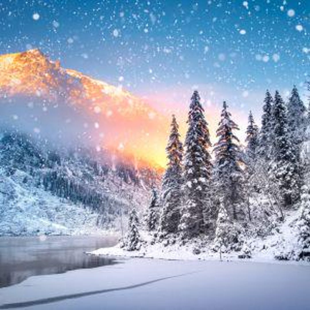 Snowy Mountain Wall Art, Winter Forest Landscape Print, Snowfall