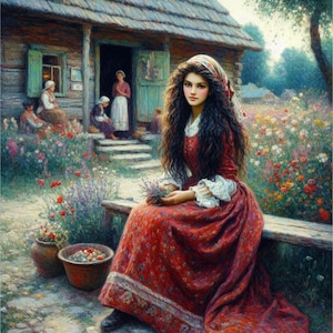 Rustikales Dorfmädchen Kunstdruck, Cottagecore Landschaft Poster, Blumengarten Porträt Dekor, Folklore Kleid Vintage Szene Illustration