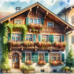 Puede incluir: Pintura a la acuarela de una casa europea tradicional con fachada de madera, contraventanas verdes y balcones llenos de flores rojas. Una vid trepadora añade vegetación. La casa tiene múltiples ventanas y molduras de madera decorativas.