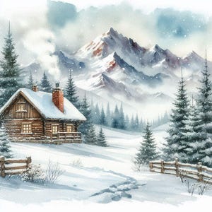 Könnte beinhalten: Eine gemütliche Holzhütte mit schneebedecktem Dach steht in einem schneebedeckten Wald mit einem Gebirge im Hintergrund. Die Hütte hat einen Schornstein, aus dem Rauch kommt.