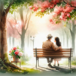 May include: Watercolor painting of a couple sitting on a park bench, embracing. The scene is set in a park with trees, flowers, and a soft, diffused light. A pot of flowers sits nearby. The man wears a hat and coat.