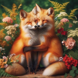 May include: A digital painting of two foxes embracing, set amidst a vibrant garden. The foxes have orange fur with white and black accents, their eyes closed in a moment of affection. The scene is surrounded by colorful flowers and lush greenery.