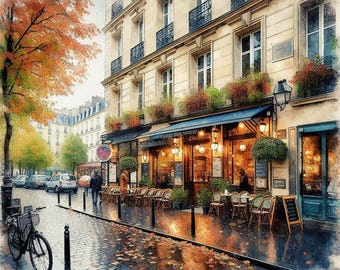 Art mural Paris Rainy Day Cafe, scène de rue d&#39;automne confortable en téléchargement numérique, affiche de bistrot Français pour papier peint de bureau ou de téléphone