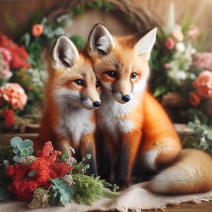 May include: Two red fox kits with white fur on their chests and bellies are sitting together in a natural setting. The foxes are looking at the camera. The background is blurred and features a variety of flowers and greenery.