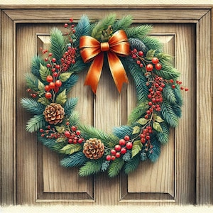 May include: A watercolor-style Christmas wreath with green pine needles, red berries, and pinecones. An orange satin bow is at the top. The wreath is hanging on a wooden door.
