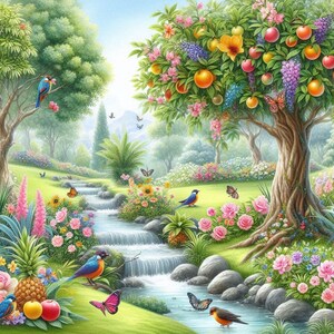 May include: A vibrant, idyllic landscape painting featuring a flowing stream, lush greenery, and colorful flowers. The scene includes fruit-laden trees, butterflies, and birds, creating a serene and picturesque garden setting. The artwork evokes a sense of peace and natural beauty.