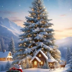 Arte murale dell&#39;albero di Natale, stampa del paese delle meraviglie invernale, scena natalizia innevata, download digitale della slitta di Babbo Natale, decorazioni per la casa festive, poster di Natale