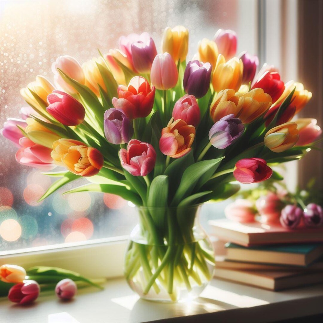 Tulip Bouquet Wall Art, Colorful Flower Print, Spring Window Scene