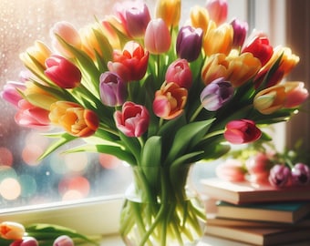 Tulip Bouquet Wall Art, Colorful Flower Print, Spring Window Scene Poster, Digital Floral Download
