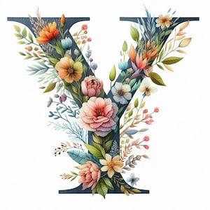 May include: A watercolor illustration of the letter Y decorated with a variety of colorful flowers and leaves. The letter is in a dark blue color and the flowers are in shades of pink, red, orange, yellow, blue, and green.