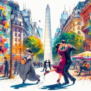 Puede incluir: Una pintura al agua de una escena callejera en Buenos Aires, Argentina. La pintura presenta a una pareja bailando tango en primer plano, una mujer tocando la guitarra y el Obelisco en el fondo. La escena está llena de colores vibrantes y detalles.