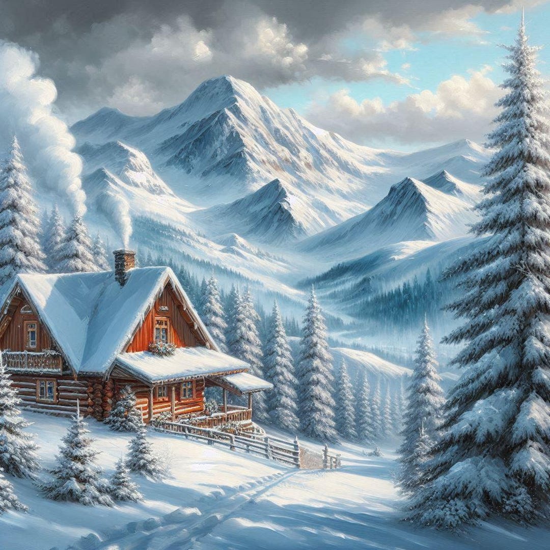 Winter Cabin Wall Art, Snowy Mountain Landscape Print, Cozy Alpine ...