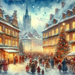 May include: Watercolor painting of a snowy European town square during the Christmas season. Buildings with snow-covered roofs and lit windows surround a bustling crowd. A decorated Christmas tree stands in the center, with horse-drawn carriages and festive decorations.