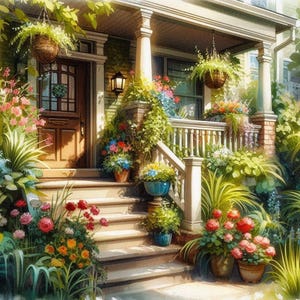 May include: Watercolor painting of a house exterior with a porch and steps. The porch is adorned with hanging baskets and potted flowers in shades of red, pink, blue, and yellow. A wooden door is visible.