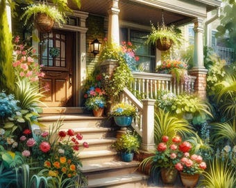 Front Porch Garden, Floral House Entrance Art, Blooming Flower