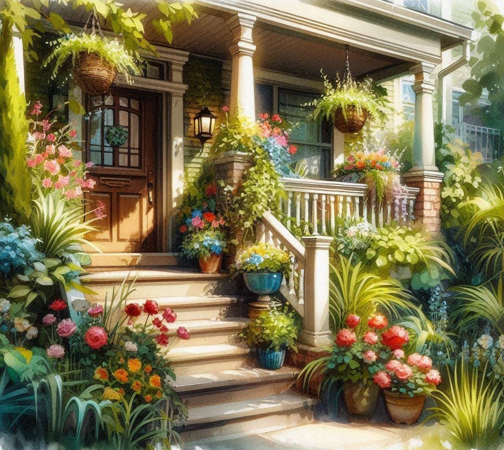 Front Porch Garden, Floral House Entrance Art, Blooming Flower