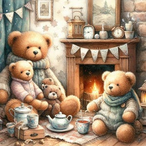 冬のテディベアファミリー、かわいい保育園の壁アート、そりとマフラー