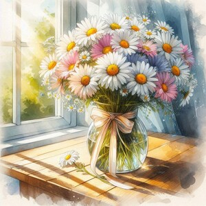 May include: A watercolour painting of a bouquet of daisies in a clear glass vase tied with a beige ribbon. The daisies are white, pink, and purple with yellow centres. A single daisy lies on the wooden surface.
