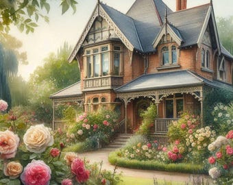 Victorian House Wall Art, Gothic Architecture Print, Vintage Floral Home Decor, English Garden Painting, Romantic Cottage Artwork