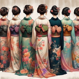 Puede incluir: Siete mujeres con kimonos japoneses tradicionales, vistas de espaldas. Cada kimono presenta un diseño floral único en tonos rosa, verde y naranja. El cabello de las mujeres está peinado en moños, adornado con flores y accesorios decorativos para el cabello.