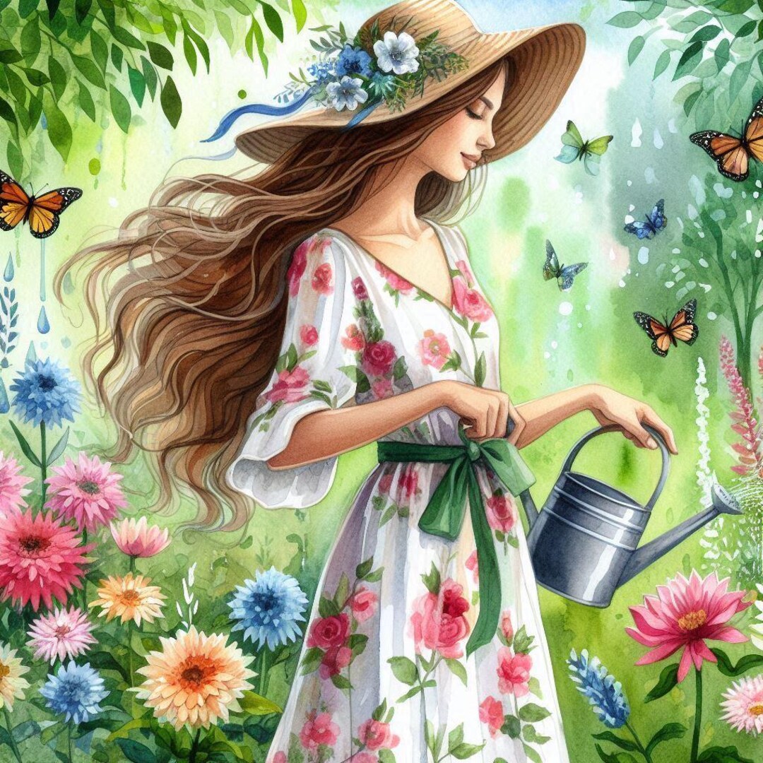 Garden Girl Wall Art, Floral Watercolor Print, Woman With Watering Can ...
