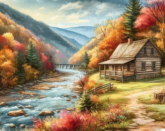 Impression d'automne de Virginie-Occidentale, art mural cabane en rondins, affiche de rivière de montagne, décoration paysage d'automne, forêt douillette en téléchargement numérique
