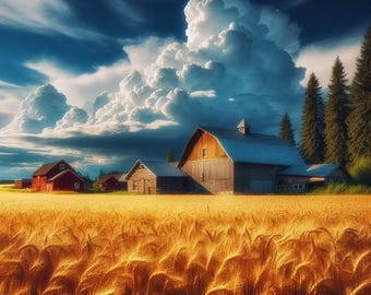 Rustic Farmhouse Art Print, Wheat Field Barn Wall Art, Country Landscape Poster, Rural Homestead Illustration, Golden Harvest Decor