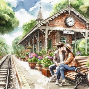 May include: Watercolor painting of a train station with a couple kissing on a bench. The station has a brick facade, a clock, and a sign. Colorful flowers in pots line the platform. A suitcase sits nearby.