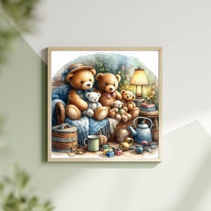 May include: Watercolor painting of a framed scene with teddy bears. Two large brown bears sit on a blue blanket in a wicker basket with smaller bears. A lamp, teapot, and sewing supplies are also in the scene.