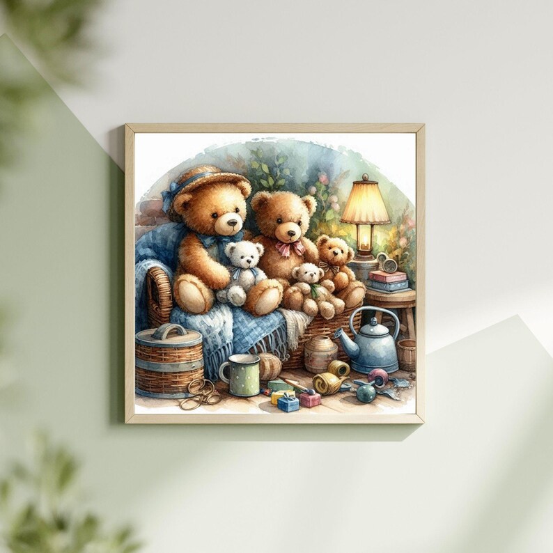 May include: Watercolor painting of a framed scene with teddy bears. Two large brown bears sit on a blue blanket in a wicker basket with smaller bears. A lamp, teapot, and sewing supplies are also in the scene.