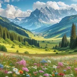 Impresión de pradera de montaña, pintura de flores silvestres alpinas, paisaje de valle escénico, arte mural de naturaleza, ilustración tranquila al aire libre