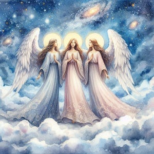 Impresión de ángel celestial, arte etéreo de ángel guardián, obra de arte espiritual divina femenina, pintura digital celestial, decoración de pared inspiradora