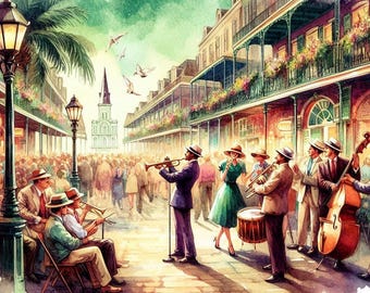 Impressão de rua de jazz de Nova Orleans, arte de parede do French Quarter, pôster de cena musical da Louisiana, decoração de desfile vintage, download de paisagem urbana digital