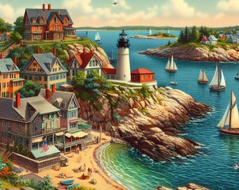 New England Lighthouse Print, Coastal Wall Art, Nautical Home Decor, Seaside Landscape, Sailing Poster, East Coast Beach Painting