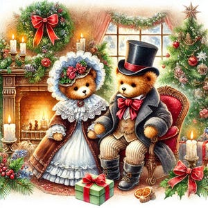 May include: Watercolor illustration of two teddy bears dressed in Victorian-era clothing, seated in a cozy Christmas setting. The scene includes a fireplace, Christmas tree, candles, and a wrapped gift. The bears are adorned with a top hat and bonnet.