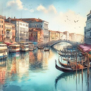 Peut inclure: Une peinture à l'aquarelle d'un canal à Venise, en Italie. Le canal est bordé de bâtiments colorés et il y a des gondoles et des bateaux dans l'eau. Un pont traverse le canal au milieu de l'image.