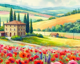 Tuscany Landscape Wall Art, Poppy Field Watercolor Print, Italian Countryside House Poster, Summer Nature Decor, Floral Travel Painting