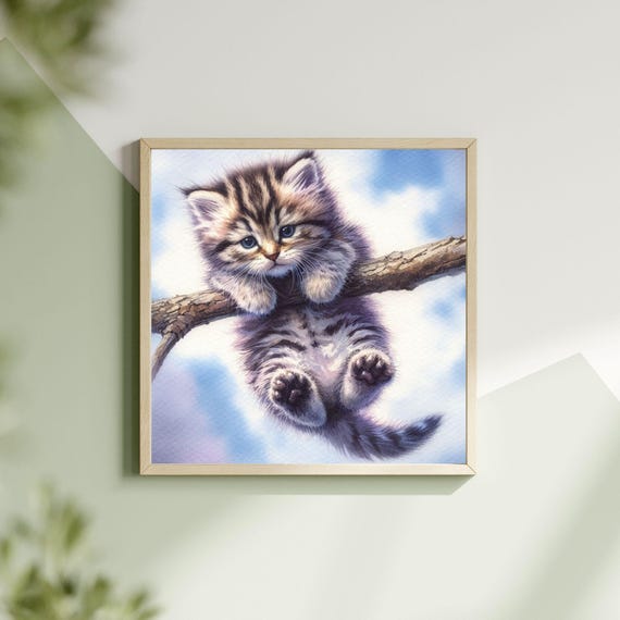 枝にぶら下がるかわいい子猫、面白い猫の壁アート、青空の子供部屋の