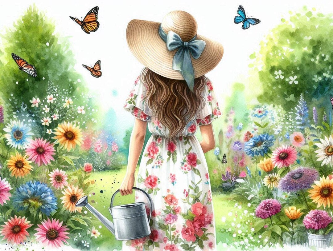 Garden Wall Art, Floral Woman Print, Spring Flowers Watercolor Poster ...