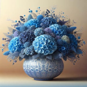 Op de afbeelding: Een levendig bloemstuk met een verscheidenheid aan blauwe hortensia's en andere bloemen. Het boeket is gerangschikt in een ronde, blauw-wit patroon vaas. Het kleurenpalet omvat tinten blauw, paars en wit.
