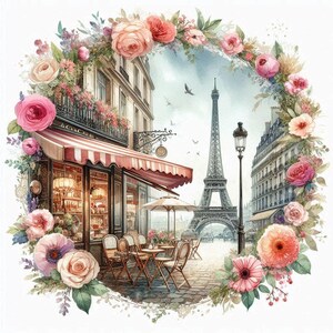 Paris Wall Art, Floral Cafe Print, Eiffel Tower Round Poster, Romantic French Decor, Digital Download, Vintage Parisian Illustration