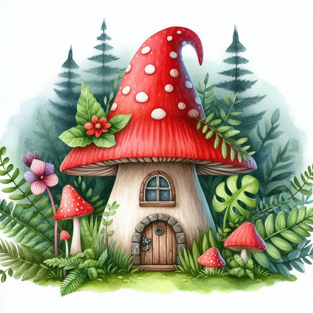 Mushroom House Wall Art, Fairy Forest Print, Red Toadstool Cottage ...