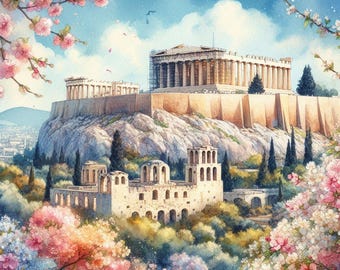 Impression d&#39;art Acropole d&#39;Athènes, art mural paysage grec, aquarelle du Parthénon, affiche de voyage en Grèce, décoration méditerranéenne