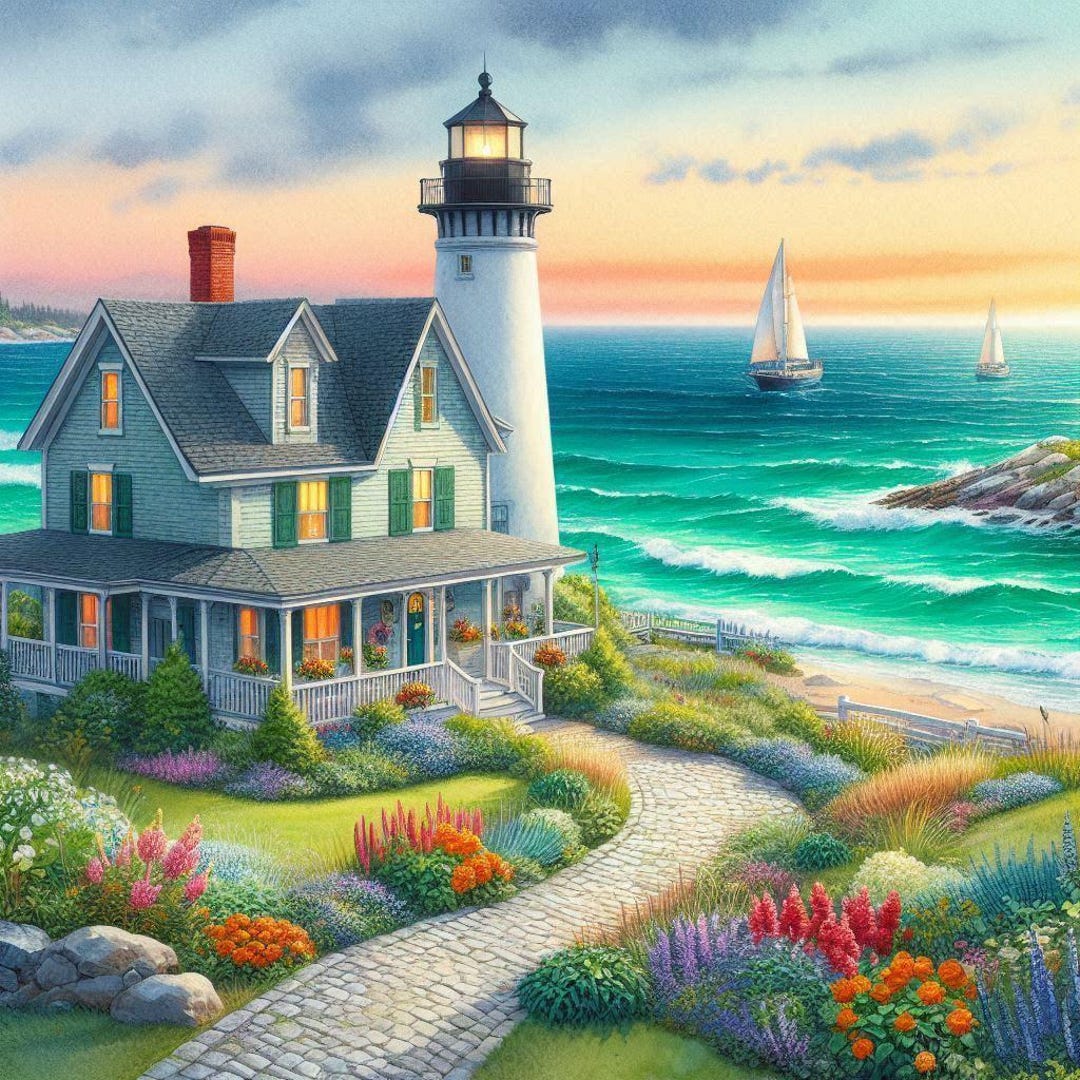 Coastal Lighthouse Wall Art, Seaside Cottage Painting, Nautical Ocean ...