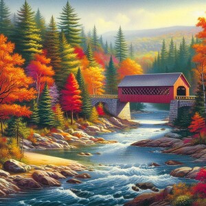 May include: A vibrant painting of a covered bridge over a flowing river. The bridge is red with a gray roof, supported by stone pillars. Lush trees in autumn colors of red, orange, and yellow surround the river, creating a picturesque landscape.