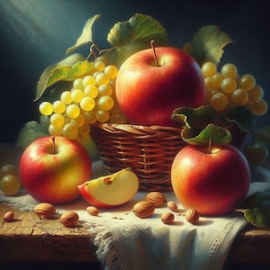 Może przedstawiać: Martwa natura przedstawiająca czerwone jabłka, zielone winogrona i migdały w wiklinowym koszyku na białym obrusie.