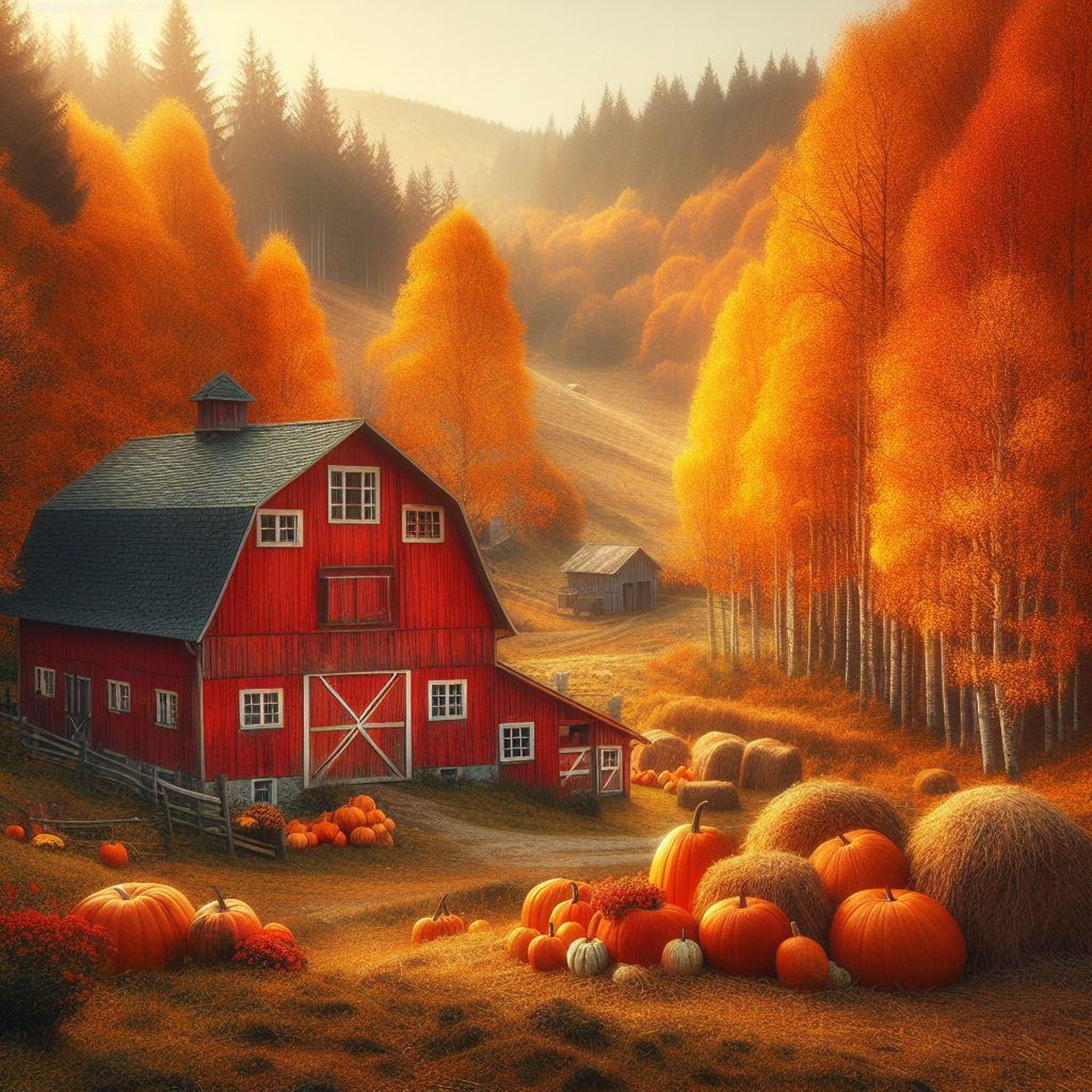 Autumn Farm Art Print, Rustic Barn Landscape, Fall Pumpkin Patch ...