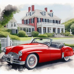 May include: A red vintage convertible car parked in front of a large white house with a white picket fence. The car has a black convertible top and chrome accents.