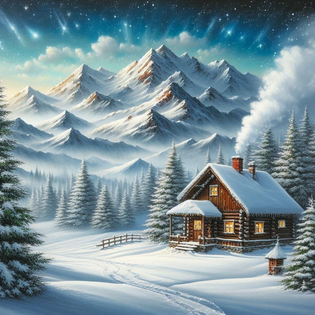 Winter Cabin Wall Art, Snowy Mountain Landscape Print, Cozy Holiday ...