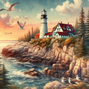 Impresión del faro de Portland Head, arte mural costero de Maine, póster de costa rocosa, decoración náutica costera, descarga digital del amanecer